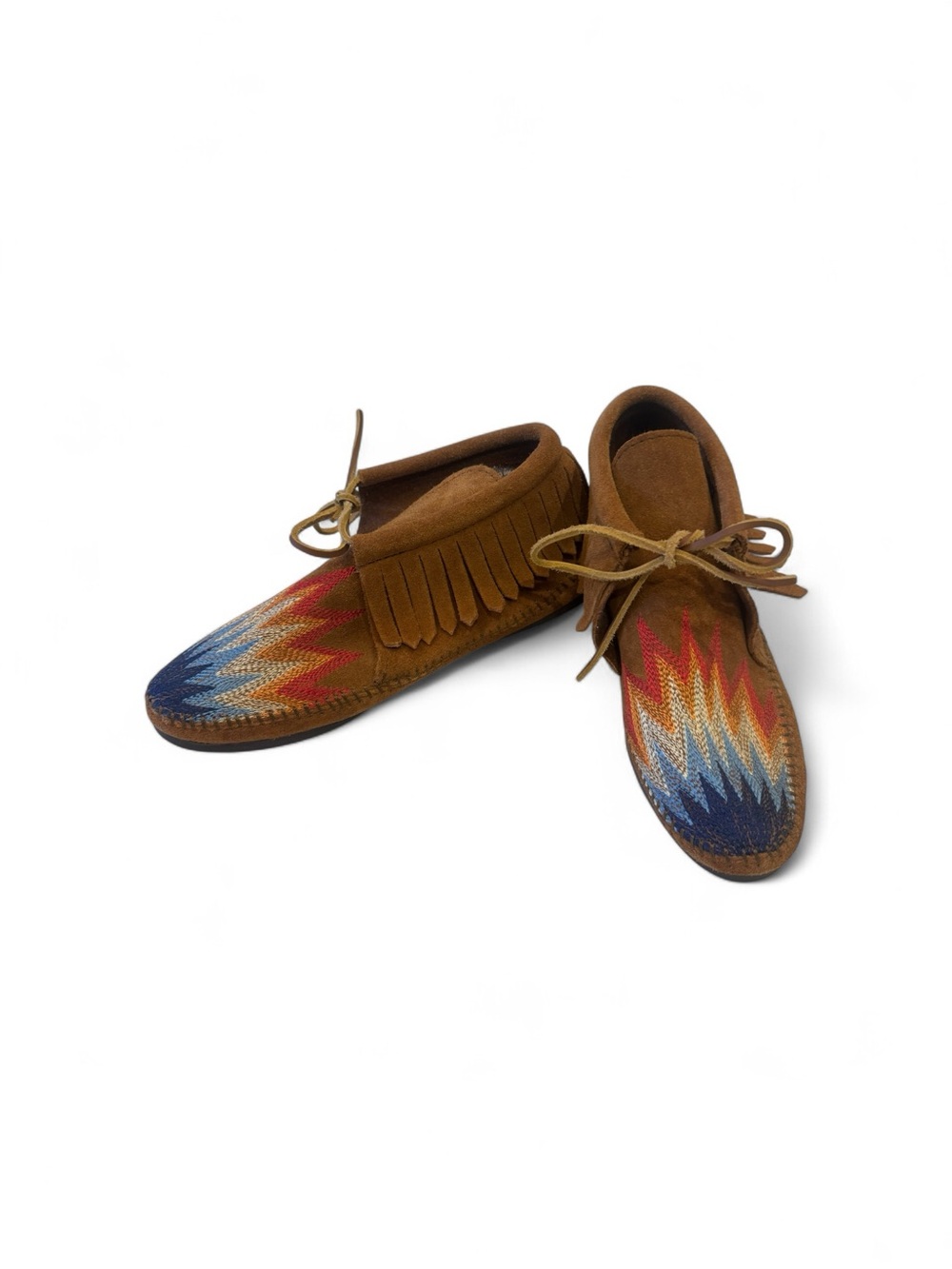 Brown Suede Fringe Moccasin with Multicolor Zigzag Embroidery - Men